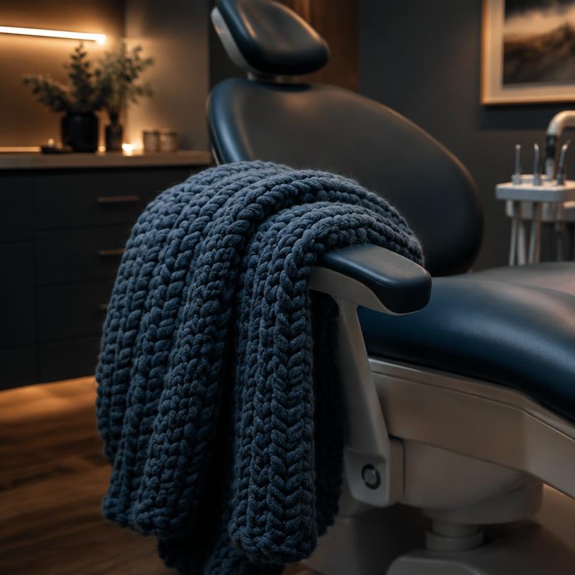 A chunky knit blanket folded over the arm of a dental chair